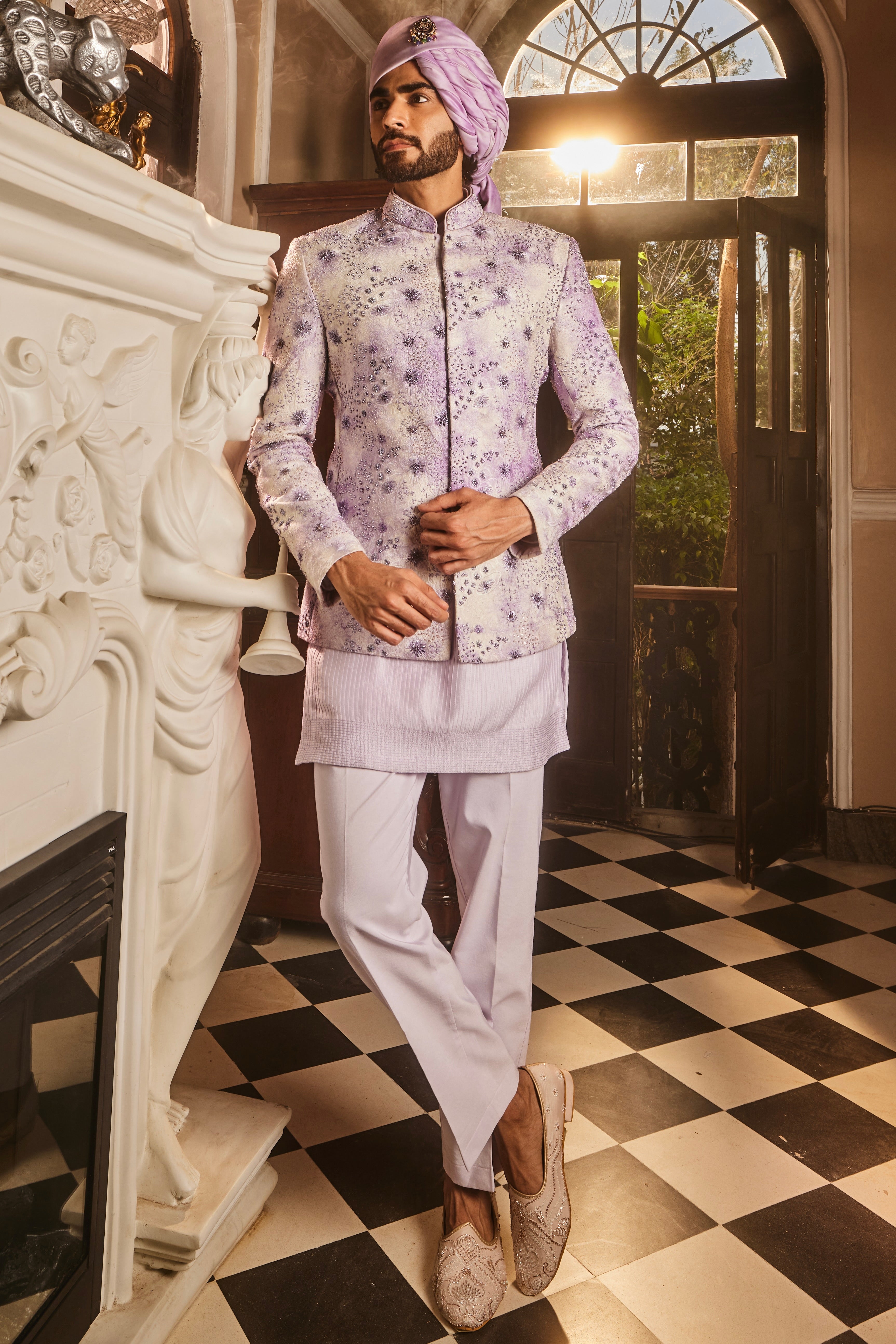 Lilac Tie-Dye Embroidered Chanderi Silk Prince Coat (3-Piece) - Image 1