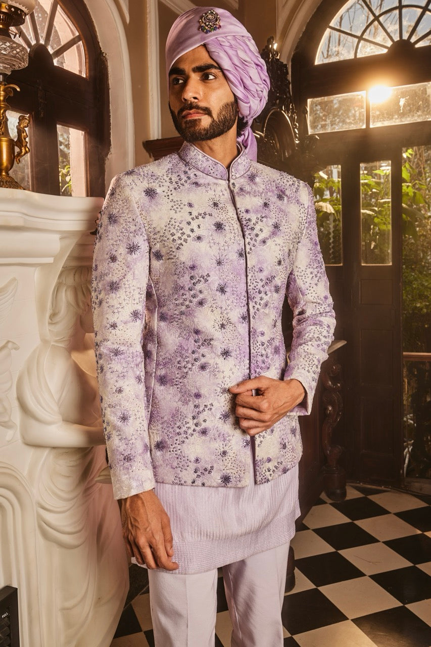 Lilac Tie-Dye Embroidered Chanderi Silk Prince Coat (3-Piece) - Image 2