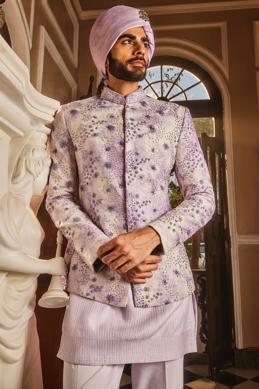 Lilac Tie-Dye Embroidered Chanderi Silk Prince Coat (3-Piece) - Image 3