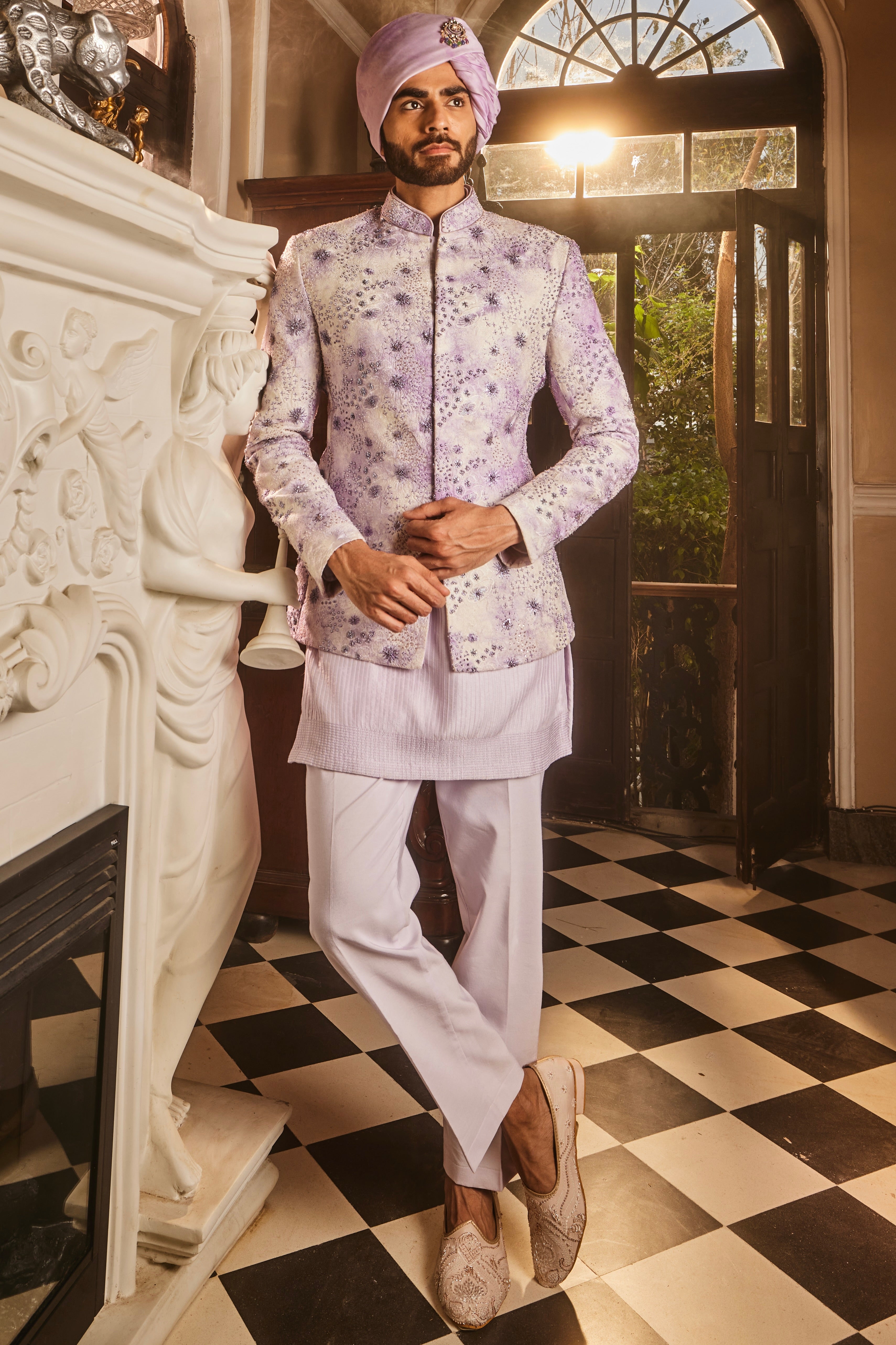 Lilac Tie-Dye Embroidered Chanderi Silk Prince Coat (3-Piece) - Image 4