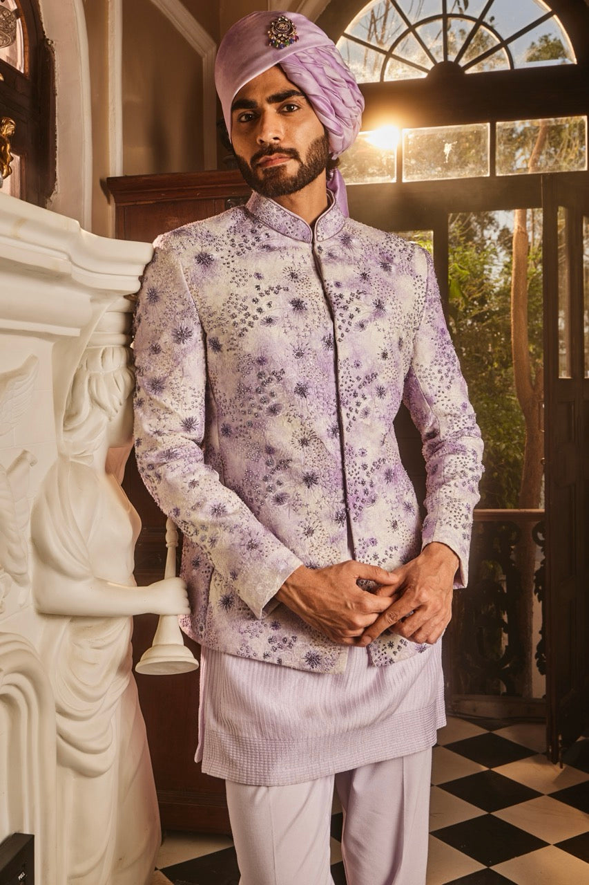 Lilac Tie-Dye Embroidered Chanderi Silk Prince Coat (3-Piece) - Image 6