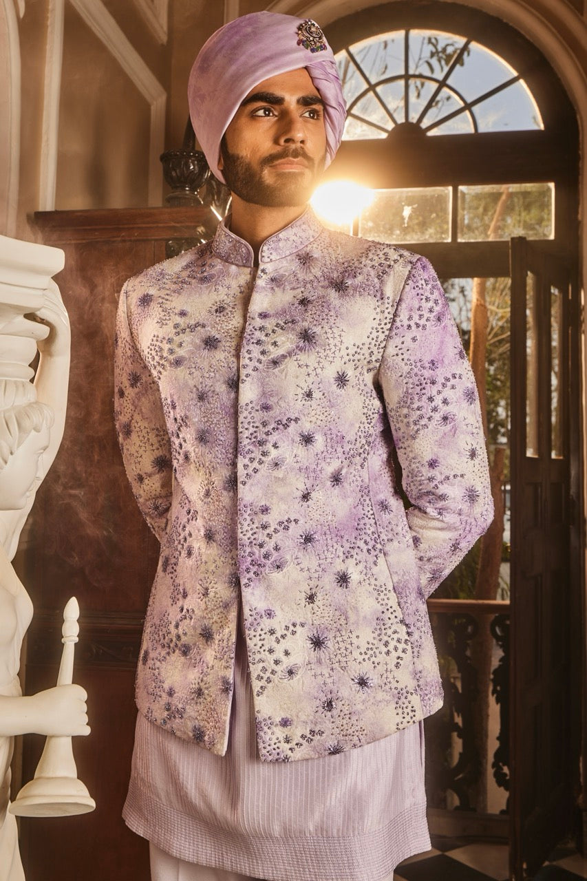 Lilac Tie-Dye Embroidered Chanderi Silk Prince Coat (3-Piece) - Image 7