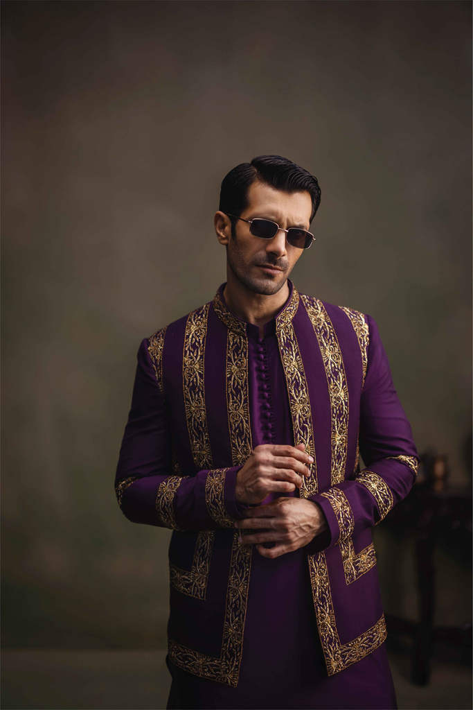 Purple Golden Embroidered Cotton Silk Prince Coat (3-Piece) - Image 1
