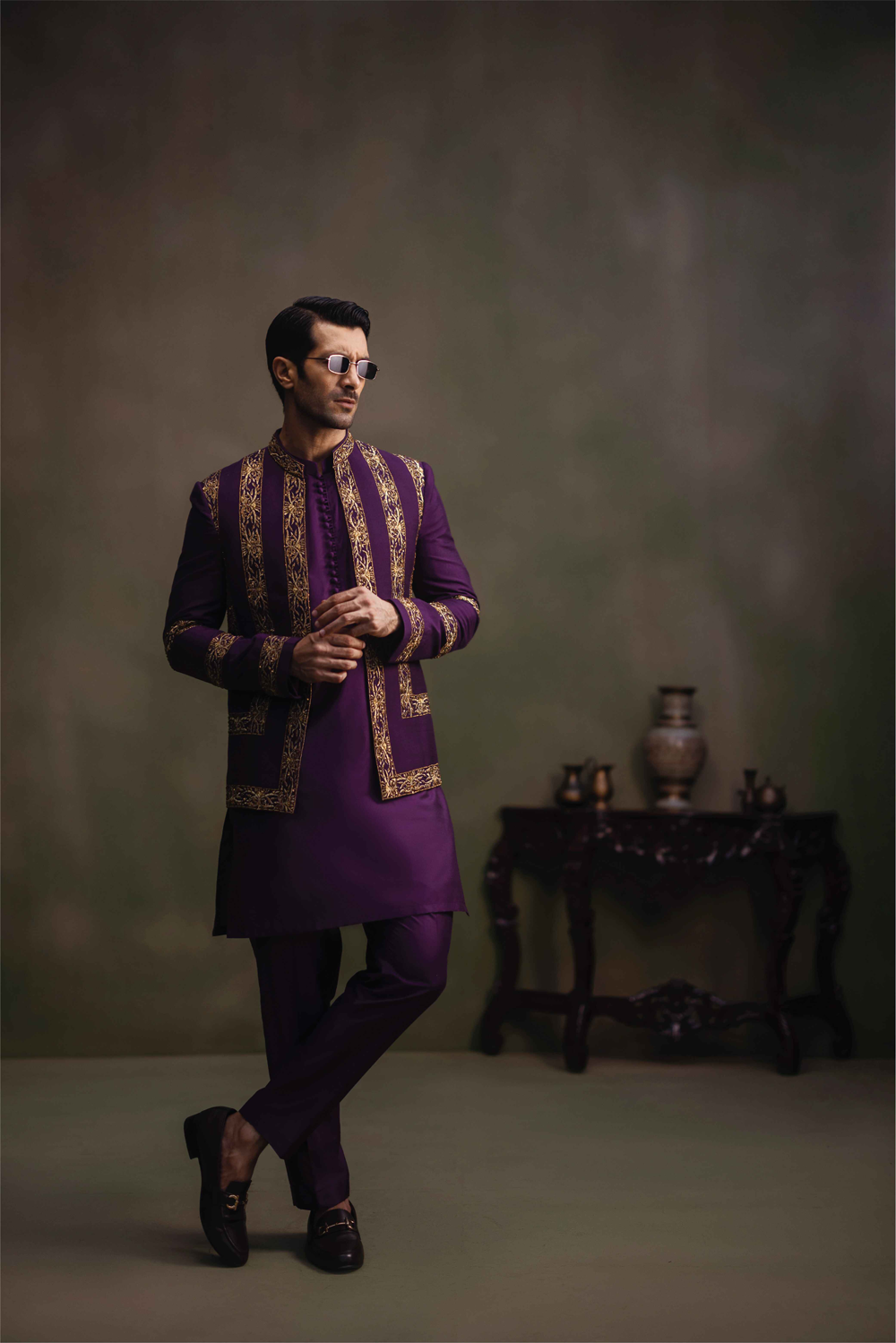 Purple Golden Embroidered Cotton Silk Prince Coat (3-Piece) - Image 3