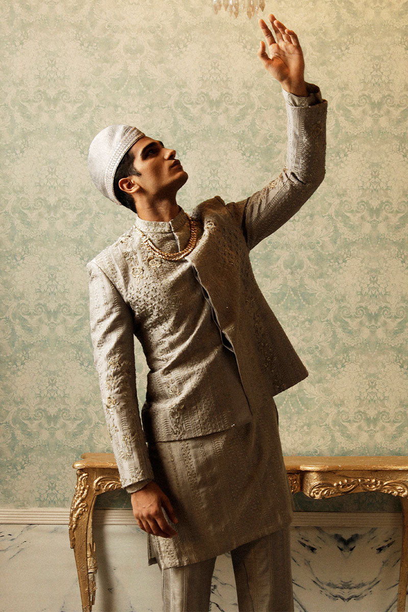 Mud Lilac Tilla Embroidered Jacquard Prince Coat (3-Piece) - Image 2