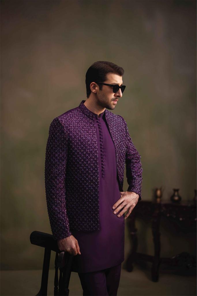 Purple Hand-Embroidered Self-Jamawar Prince Coat (3-Piece) - Image 1