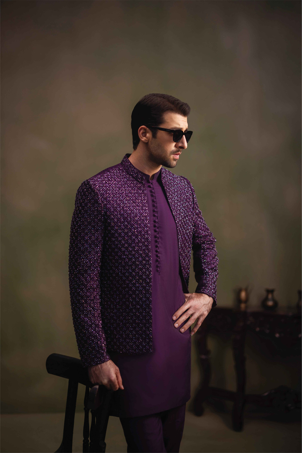 Purple Hand-Embroidered Self-Jamawar Prince Coat (3-Piece) - Image 2