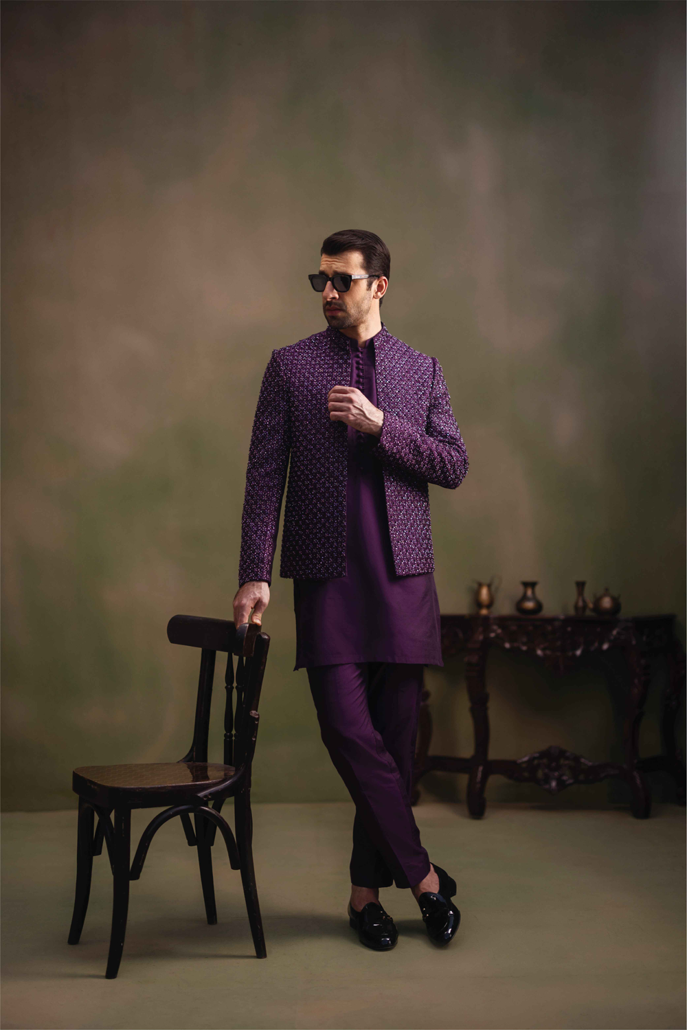 Purple Hand-Embroidered Self-Jamawar Prince Coat (3-Piece) - Image 3