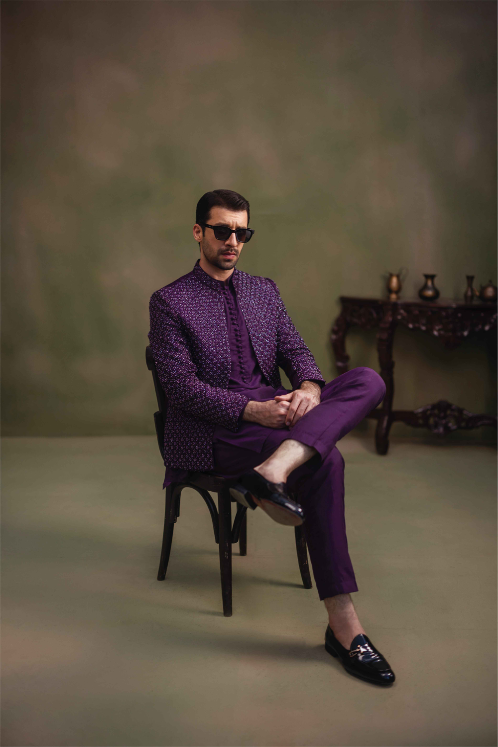 Purple Hand-Embroidered Self-Jamawar Prince Coat (3-Piece) - Image 4