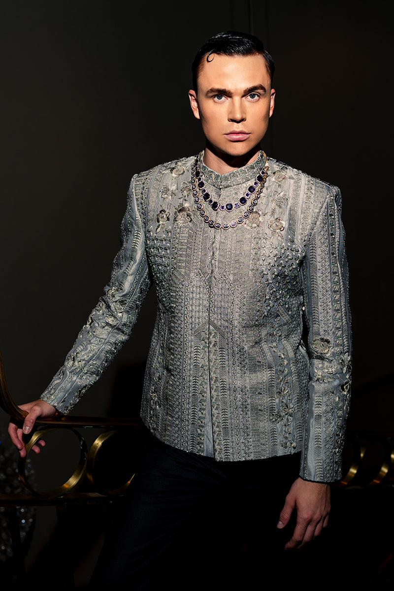 Mud Lilac Embroidered Self Jamawar Prince Coat (2-Piece) - Image 1