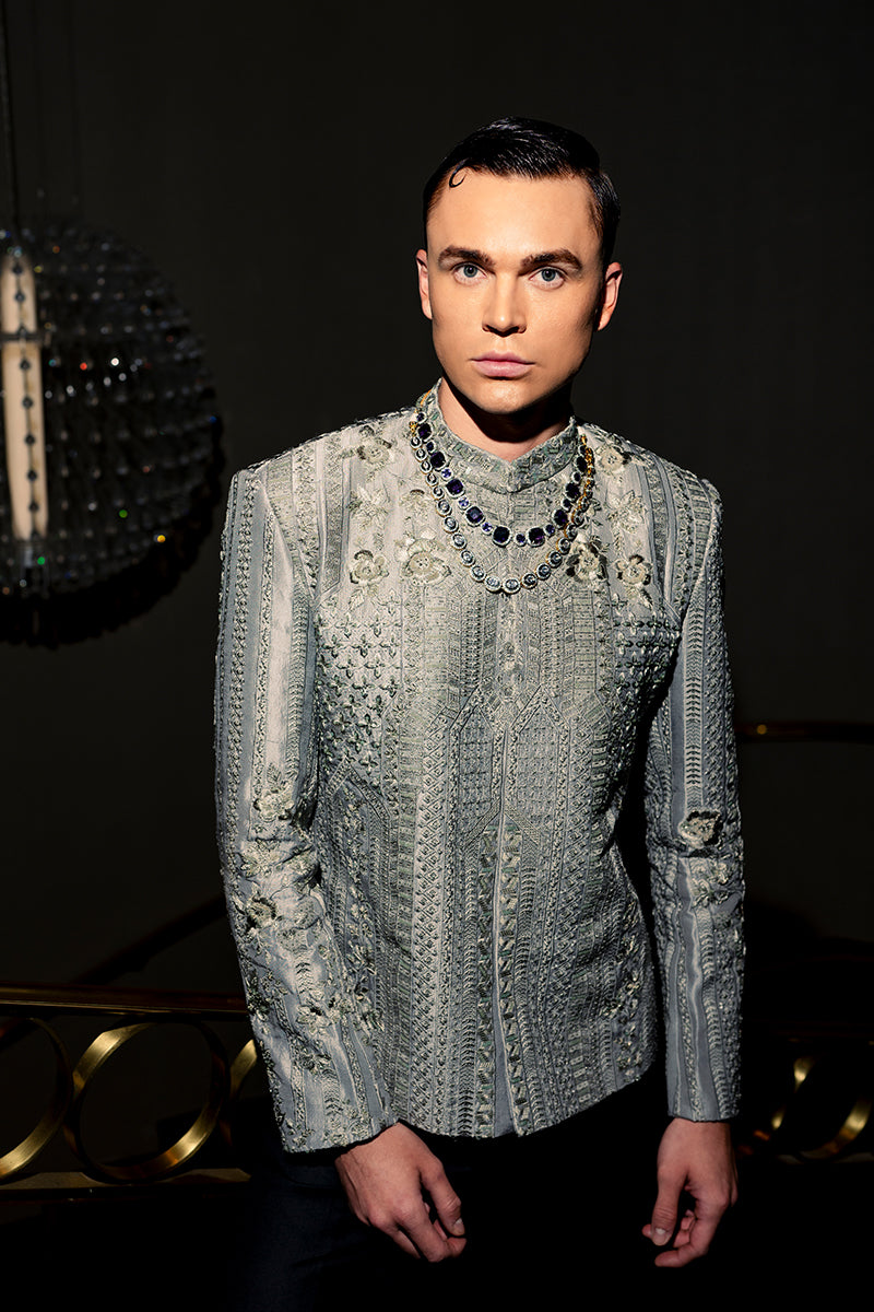 Mud Lilac Embroidered Self Jamawar Prince Coat (2-Piece) - Image 2