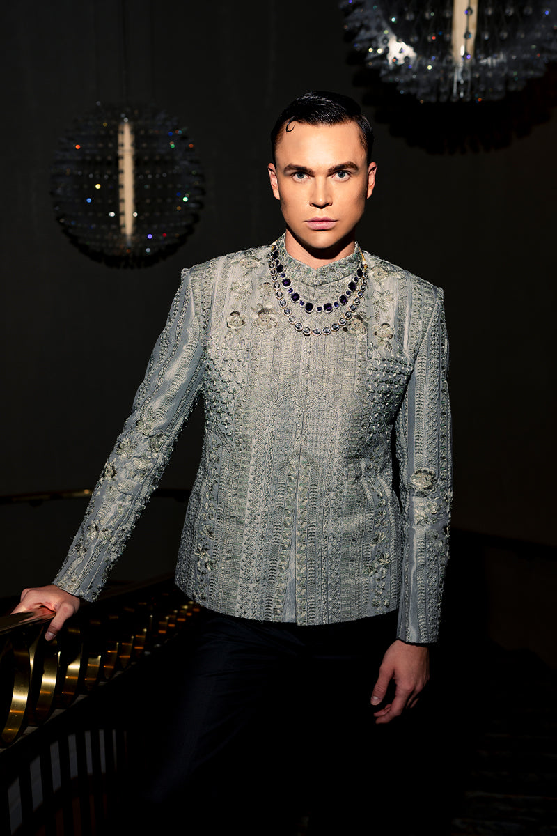 Mud Lilac Embroidered Self Jamawar Prince Coat (2-Piece) - Image 4