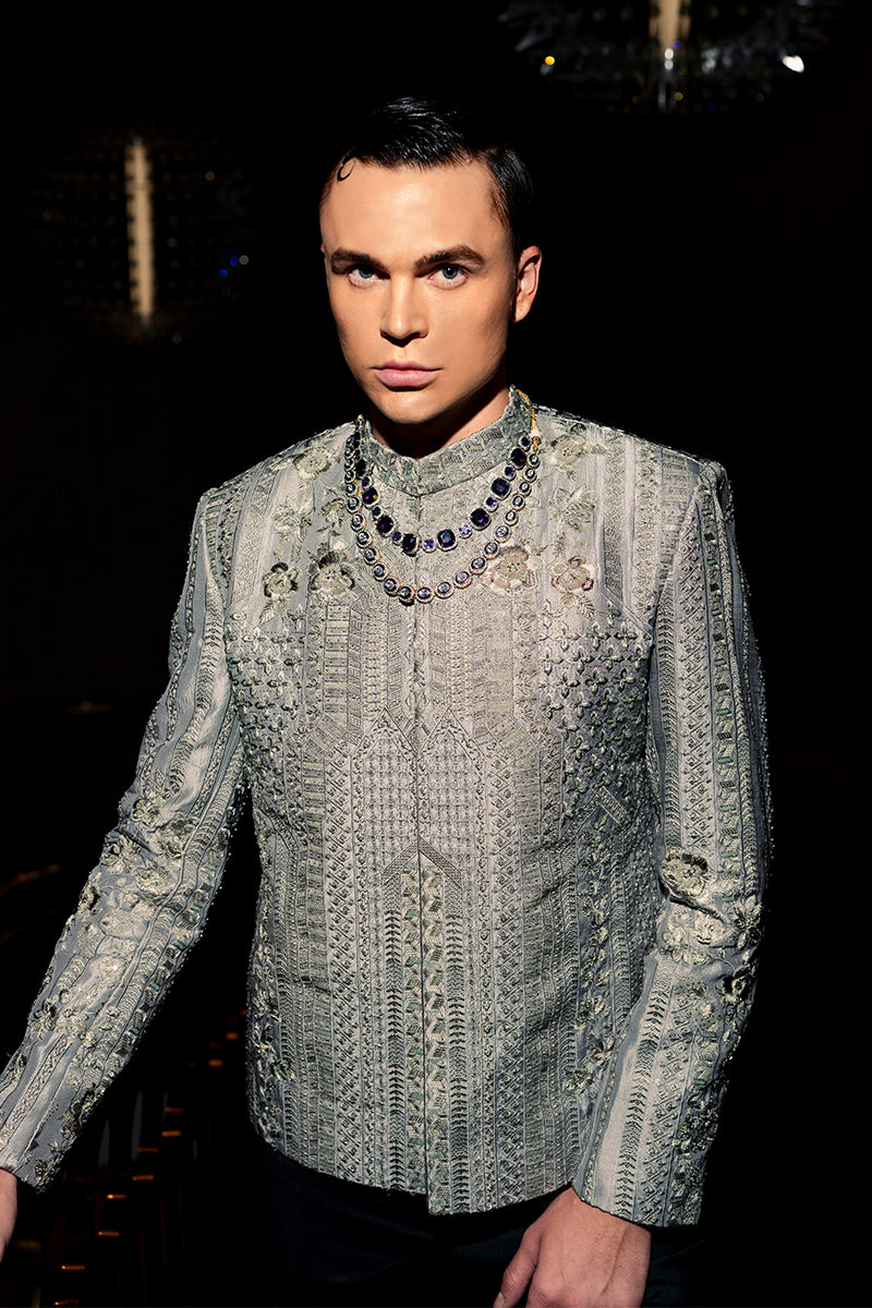 Mud Lilac Embroidered Self Jamawar Prince Coat (2-Piece) - Image 5