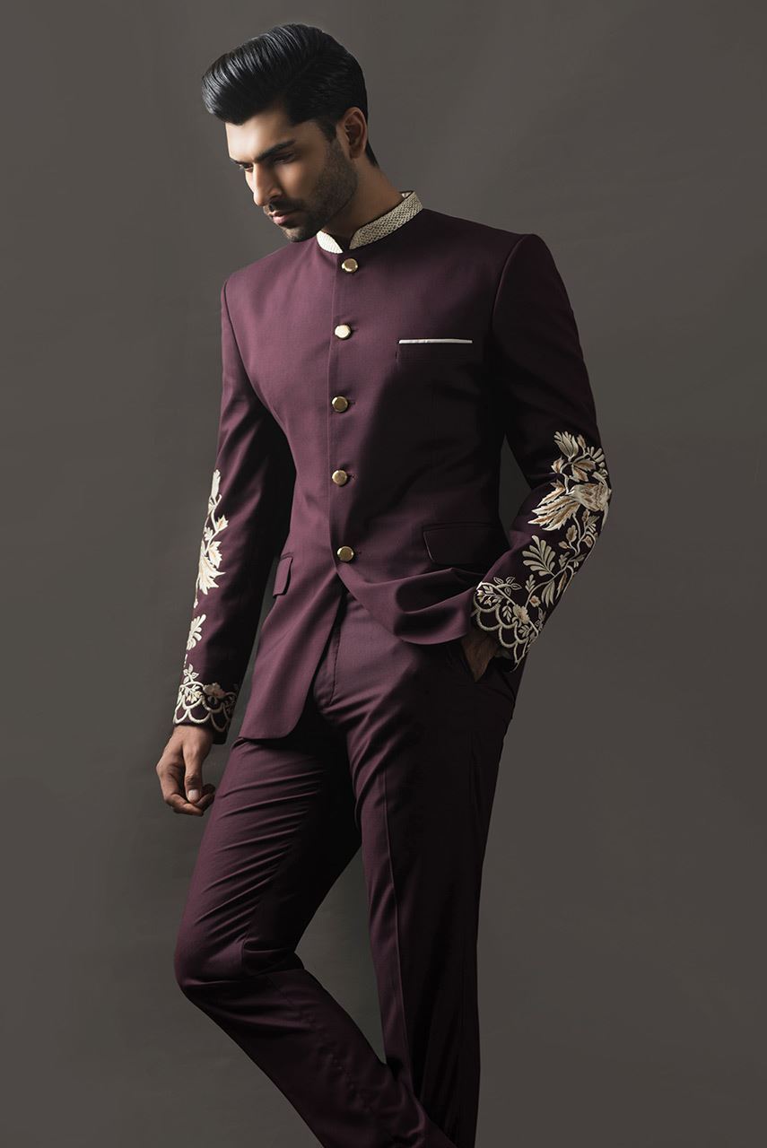 Plum Embroidered Suiting Prince Coat (2-Piece) - Image 2