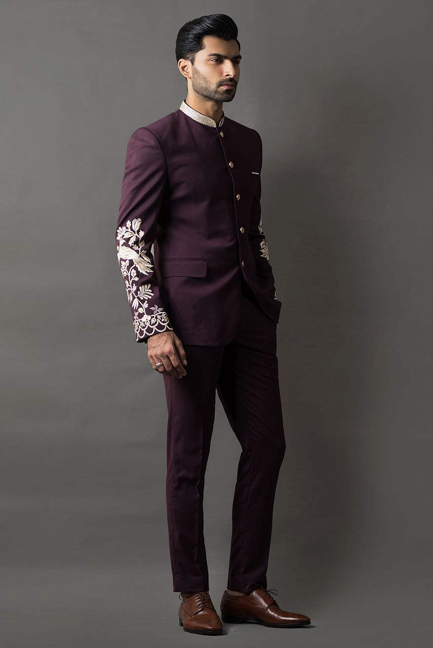 Plum Embroidered Suiting Prince Coat (2-Piece) - Image 3