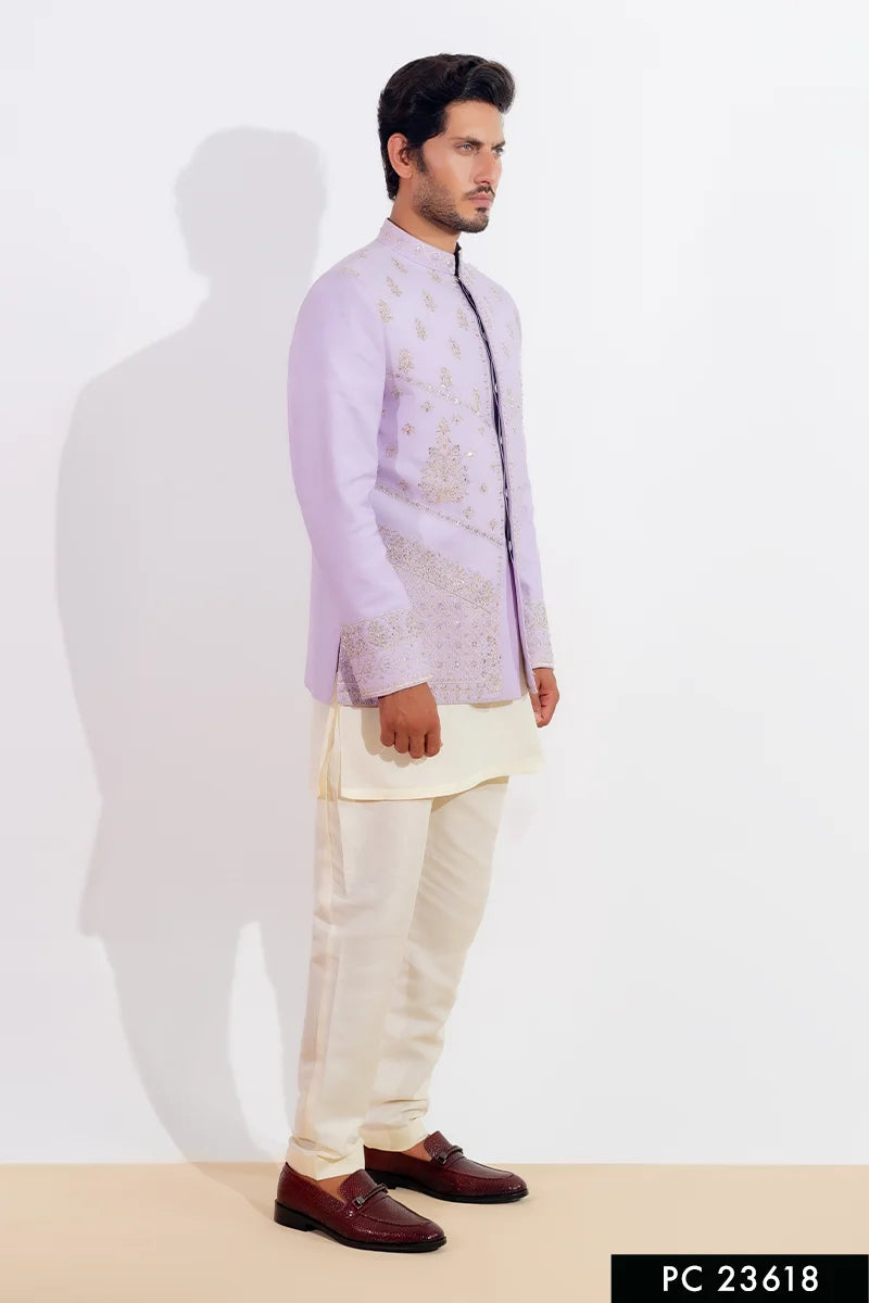 Lilac Naqshi Embroidered Viscose Prince Coat (3-Piece) - Image 1