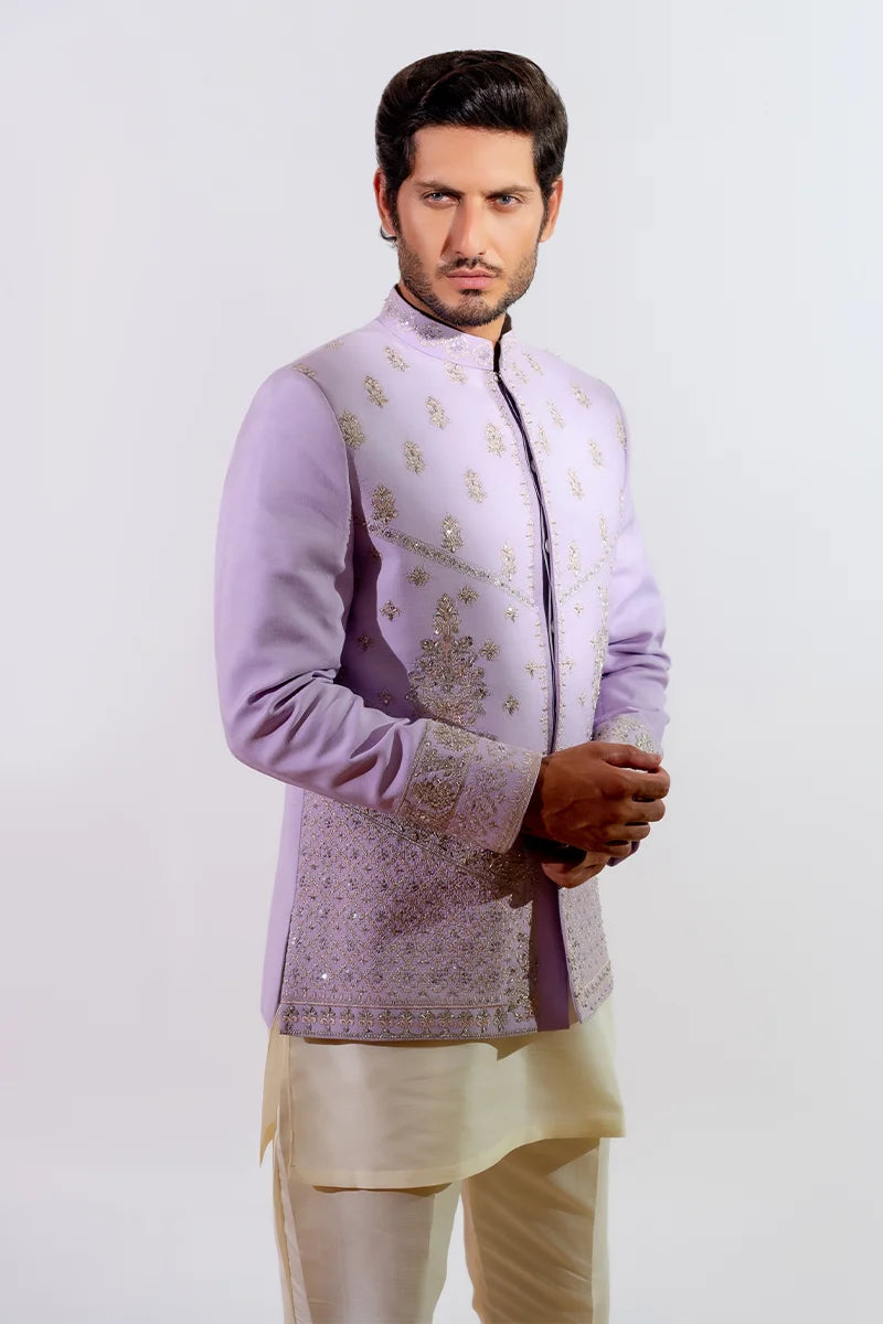 Lilac Naqshi Embroidered Viscose Prince Coat (3-Piece) - Image 2