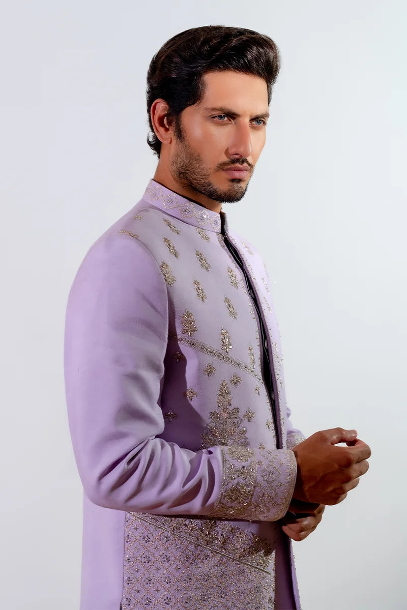 Lilac Naqshi Embroidered Viscose Prince Coat (3-Piece) - Image 3