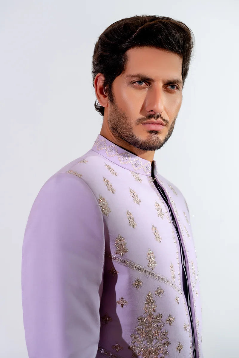 Lilac Naqshi Embroidered Viscose Prince Coat (3-Piece) - Image 4