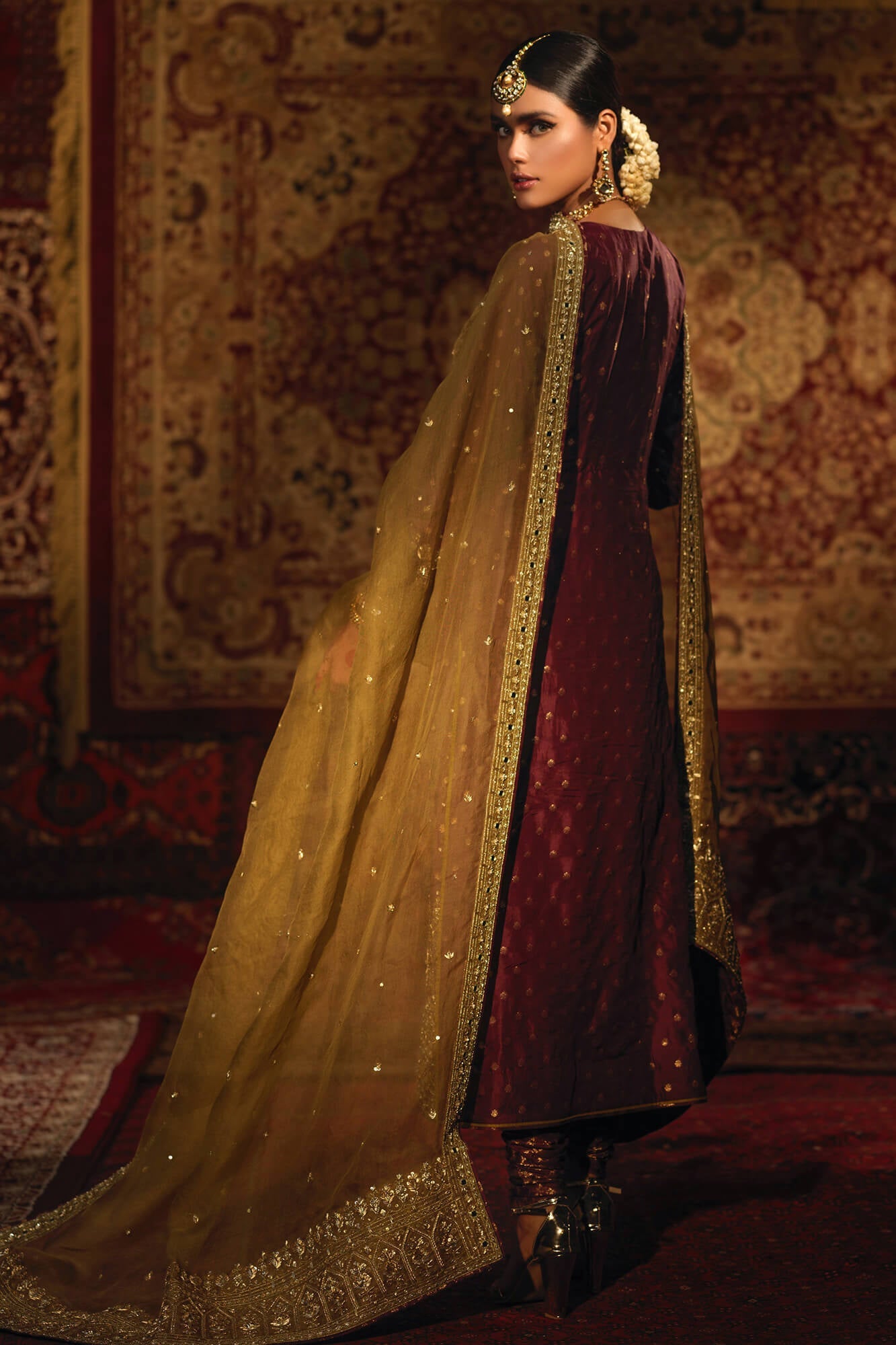 Plum Embroidered Banarsi Silk Salwar Kameez (3-Piece) - Image 1