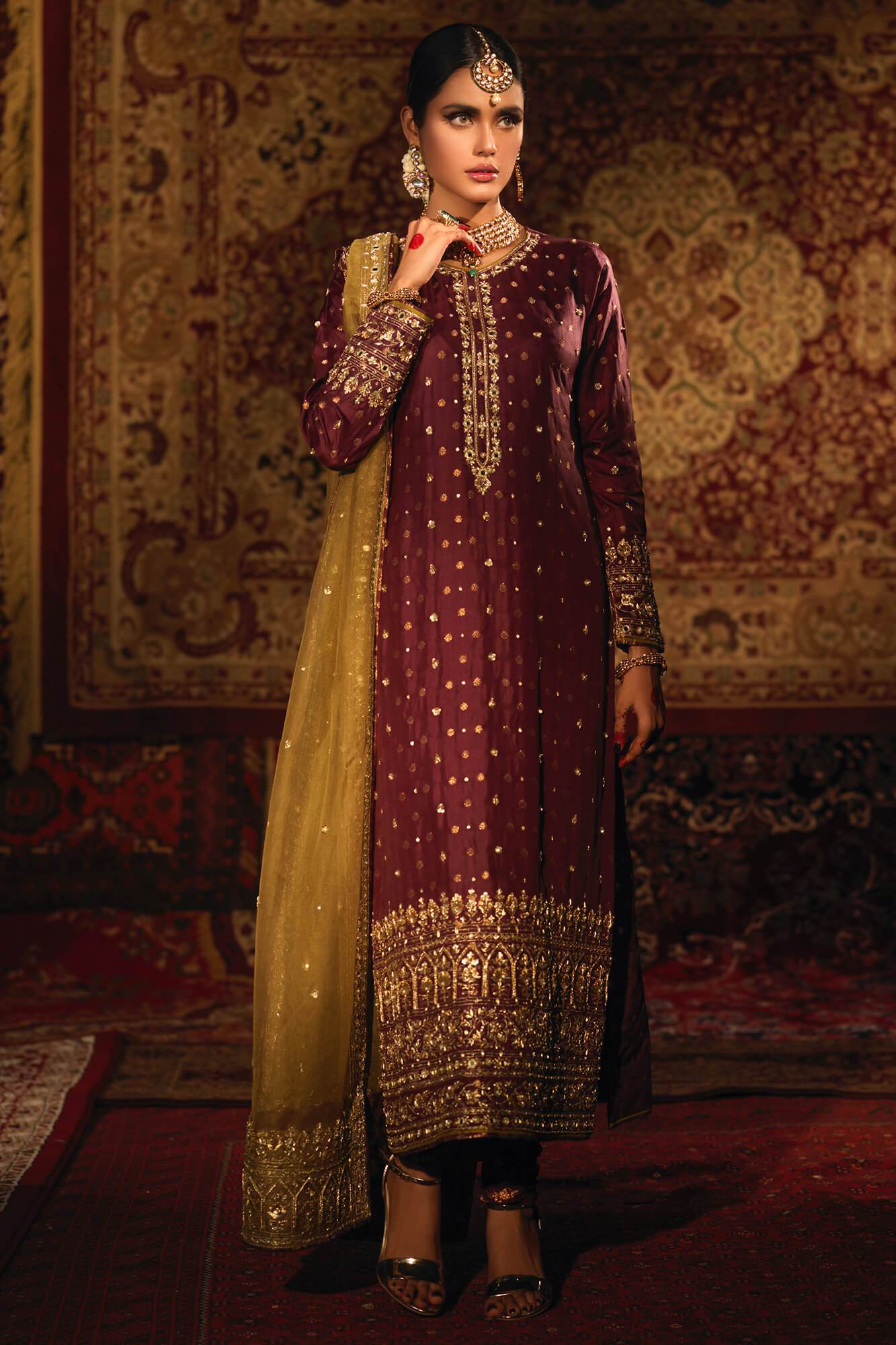 Plum Embroidered Banarsi Silk Salwar Kameez (3-Piece) - Image 3