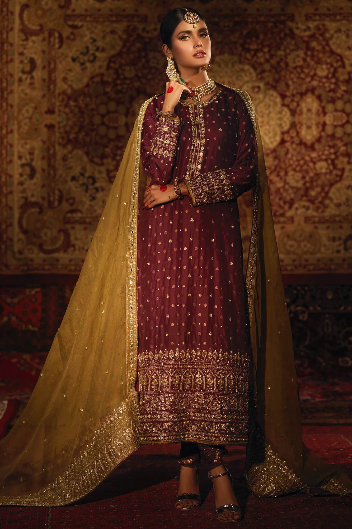 Pakistani Plum Embroidered Banarsi Silk Salwar Kameez (3-Piece) - Image 2