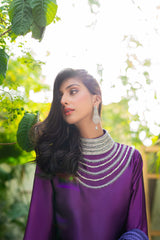 Pakistani Violet to Purple Swarovski Chamois Silk Salwar Kameez (3-Piece) - Image 3