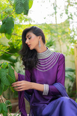 Pakistani Violet to Purple Swarovski Chamois Silk Salwar Kameez (3-Piece) - Image 4
