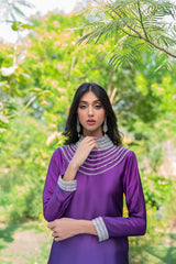 Pakistani Violet to Purple Swarovski Chamois Silk Salwar Kameez (3-Piece) - Image 6