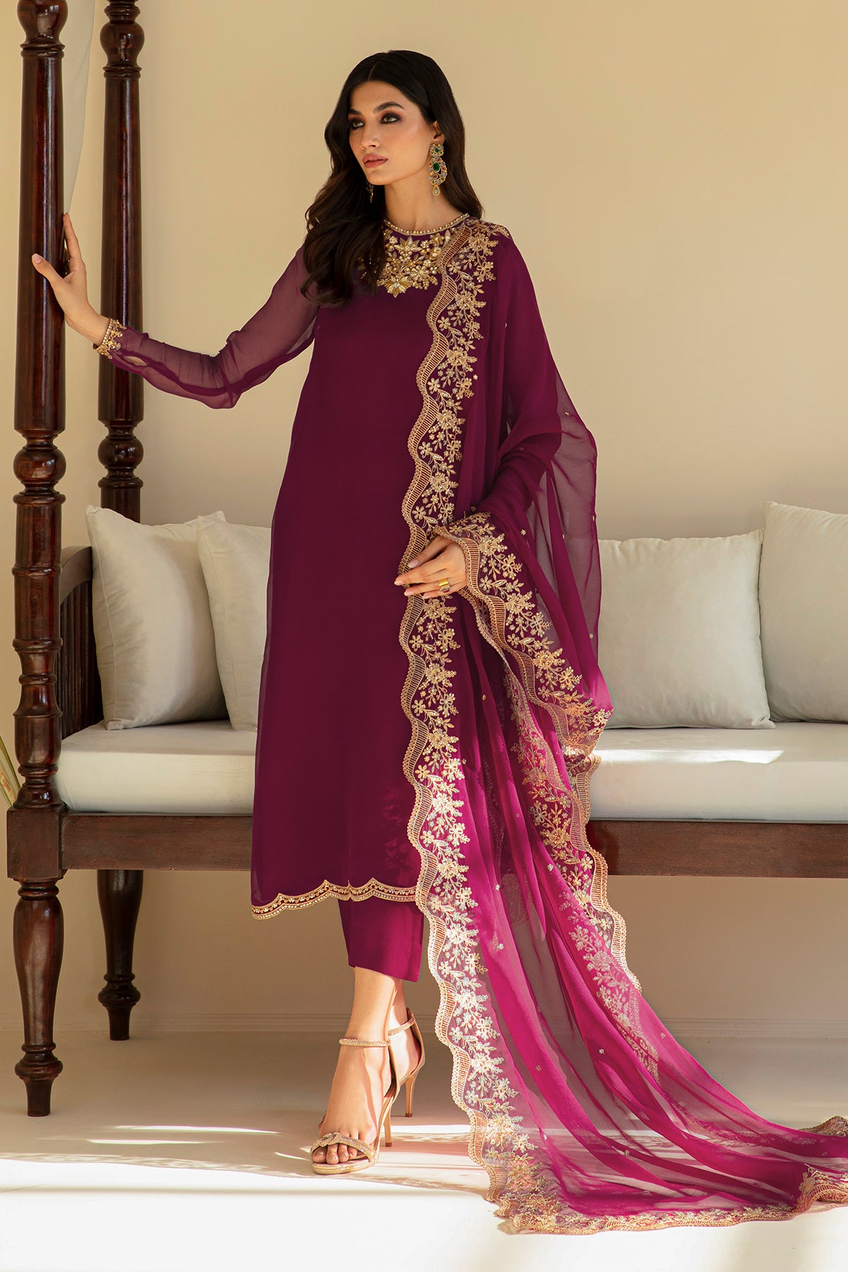 Plum Embroidered Chiffon 3-Piece Suit - Image 1