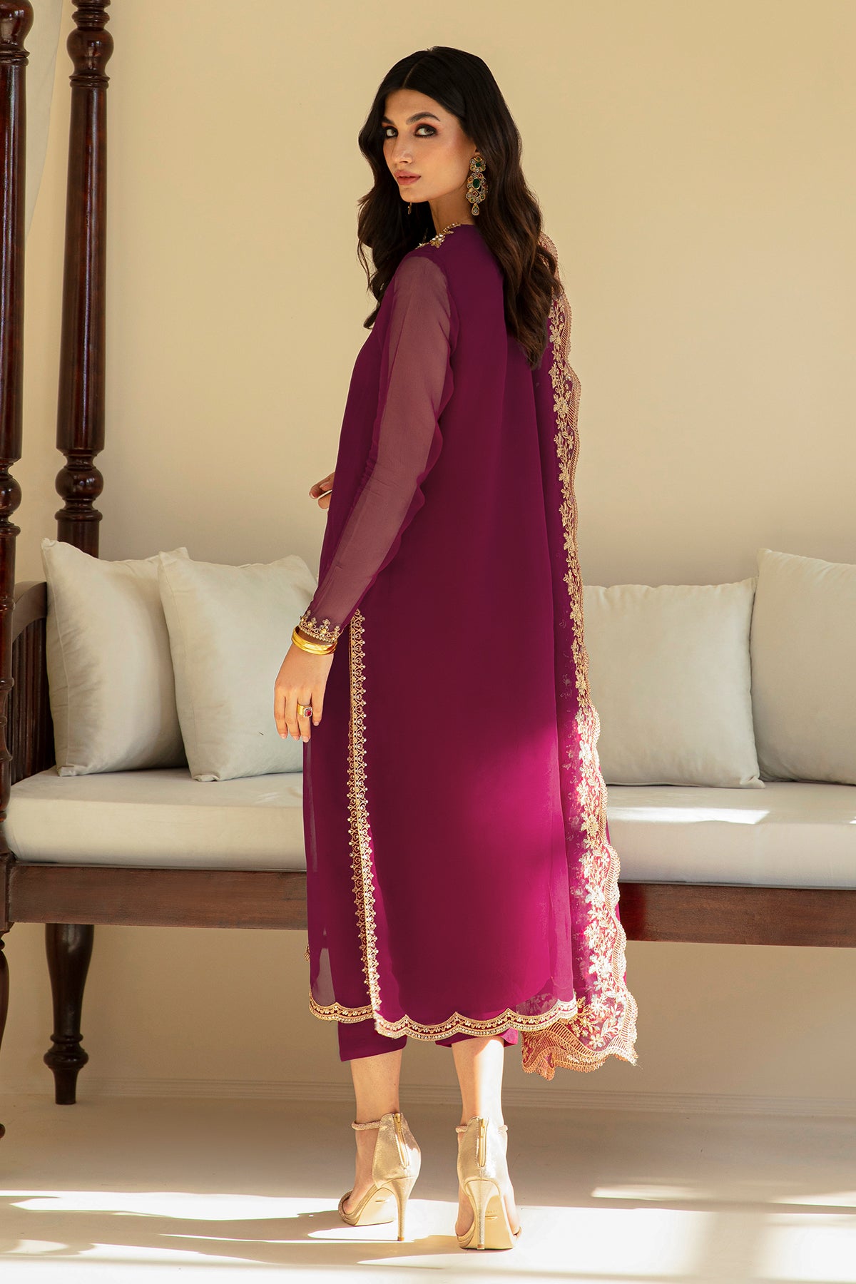 Plum Embroidered Chiffon 3-Piece Suit - Image 2