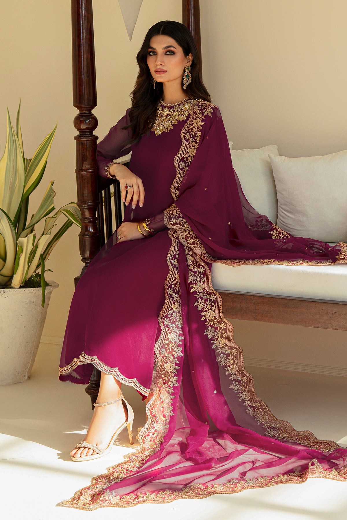 Plum Embroidered Chiffon 3-Piece Suit - Image 3