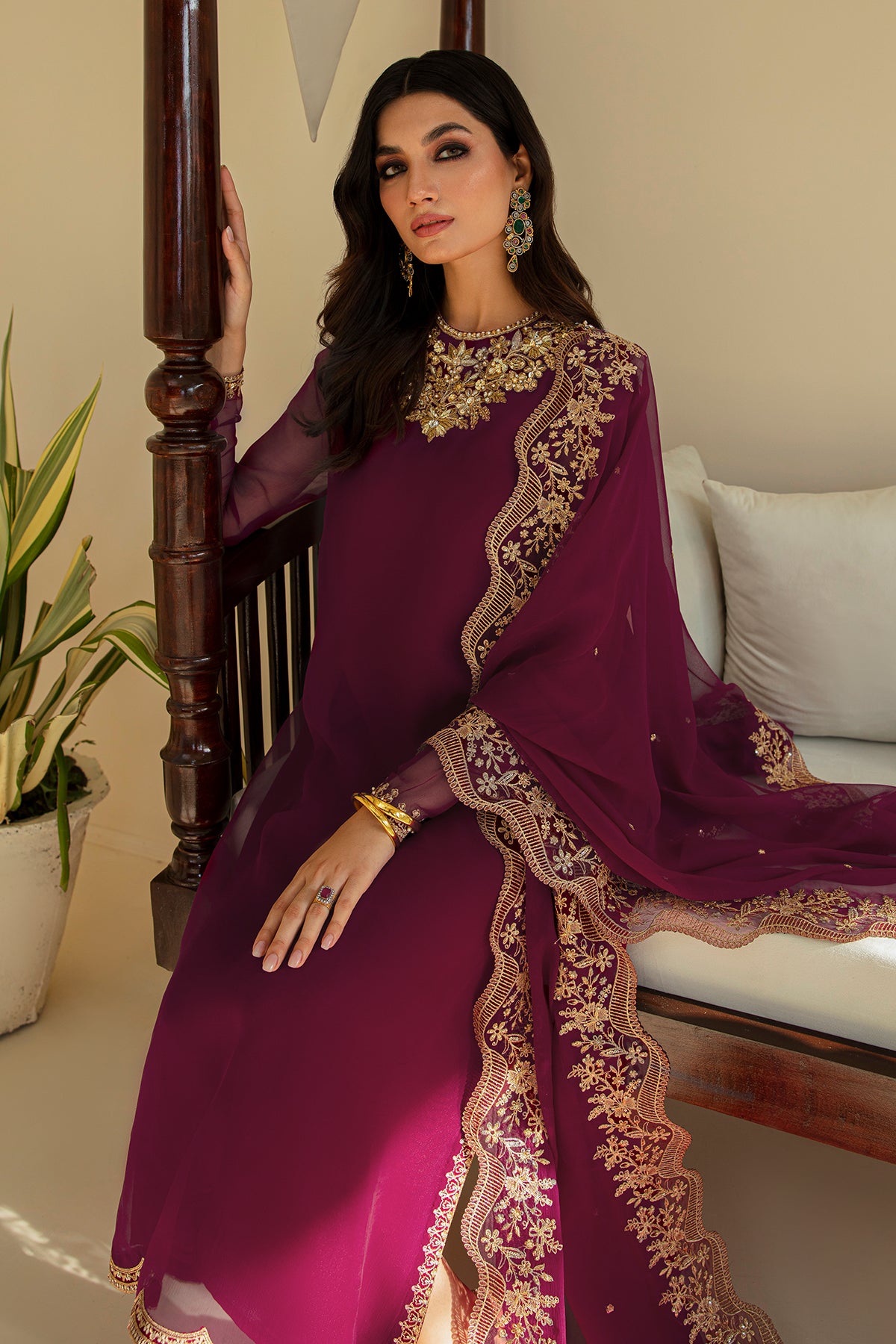 Plum Embroidered Chiffon 3-Piece Suit - Image 4