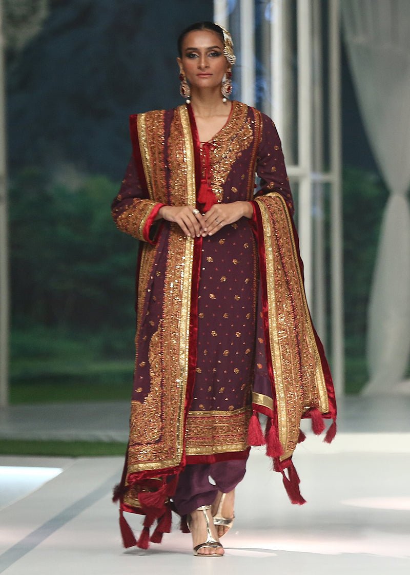 Purple Gold Marori Chiffon Salwar Kameez (3-Piece) - Image 1