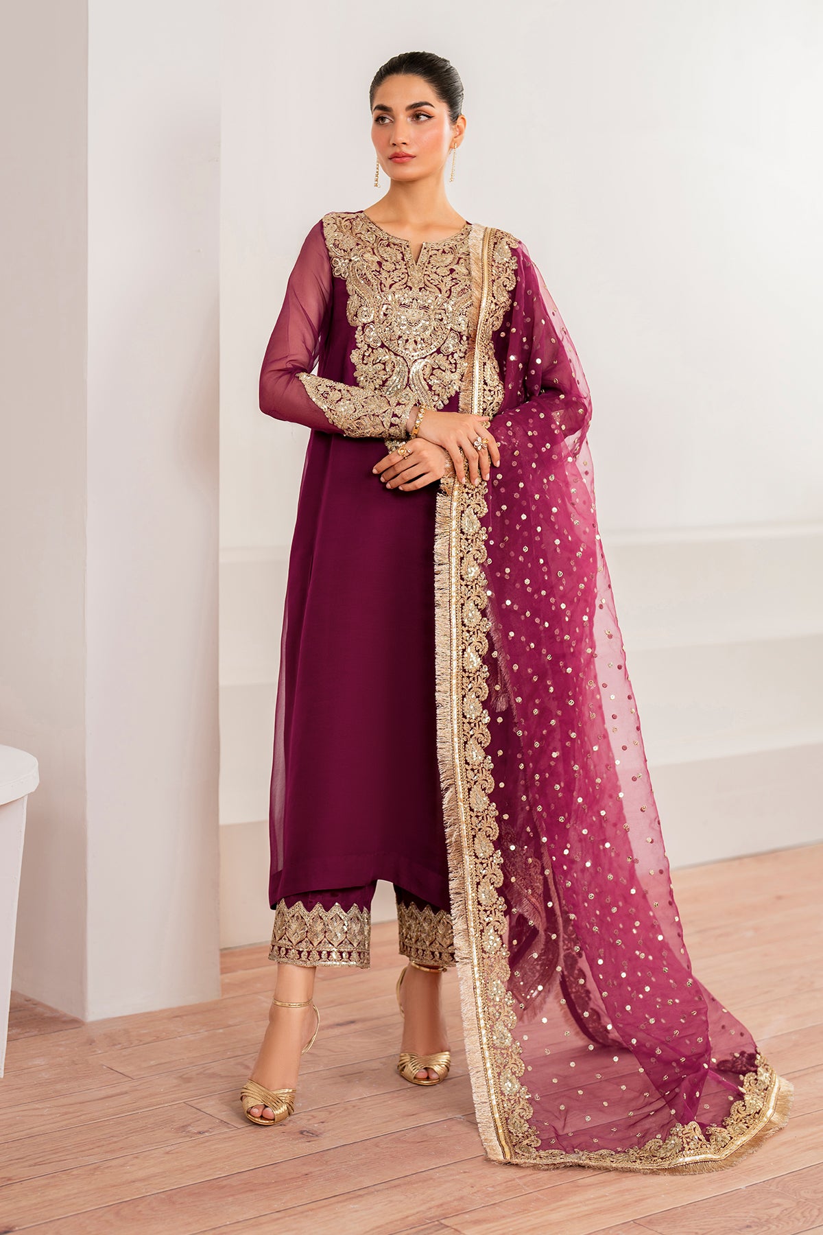 Deep Plum Embroidered Chiffon A-Line Suit (3-Piece) - Image 1