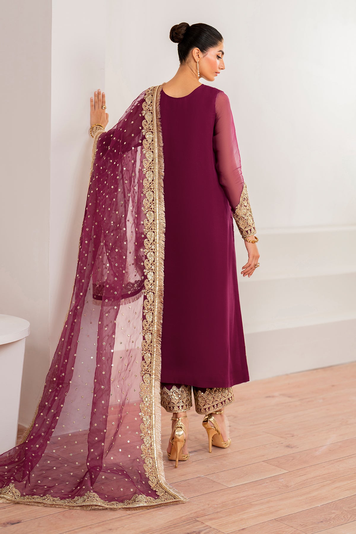 Deep Plum Embroidered Chiffon A-Line Suit (3-Piece) - Image 2