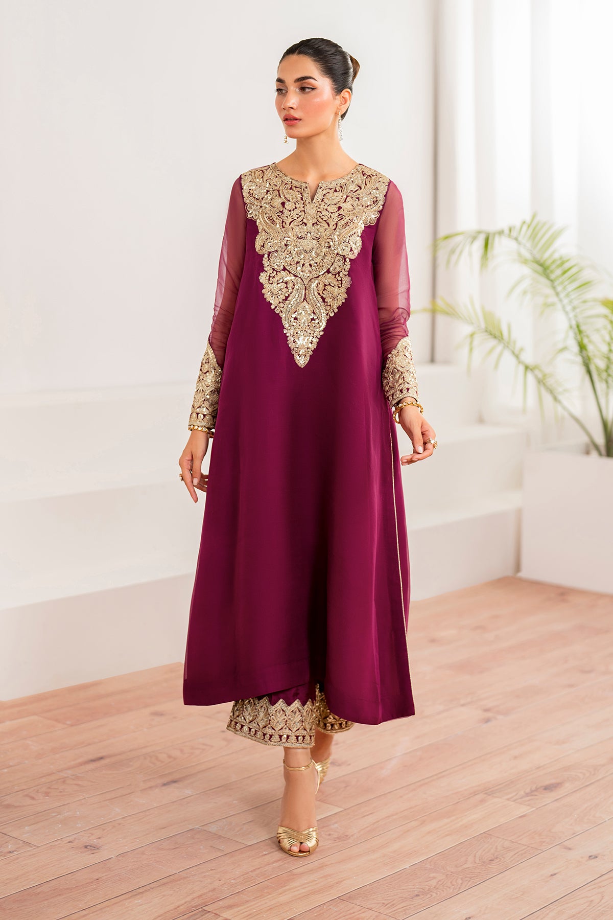 Deep Plum Embroidered Chiffon A-Line Suit (3-Piece) - Image 3