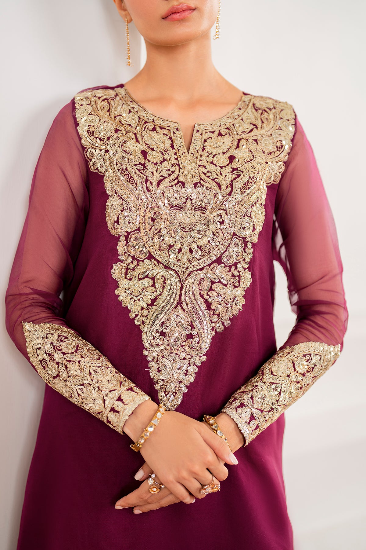Deep Plum Embroidered Chiffon A-Line Suit (3-Piece) - Image 4