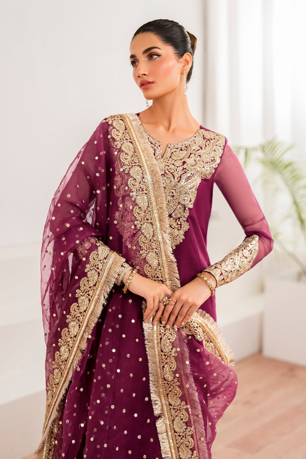 Deep Plum Embroidered Chiffon A-Line Suit (3-Piece) - Image 6