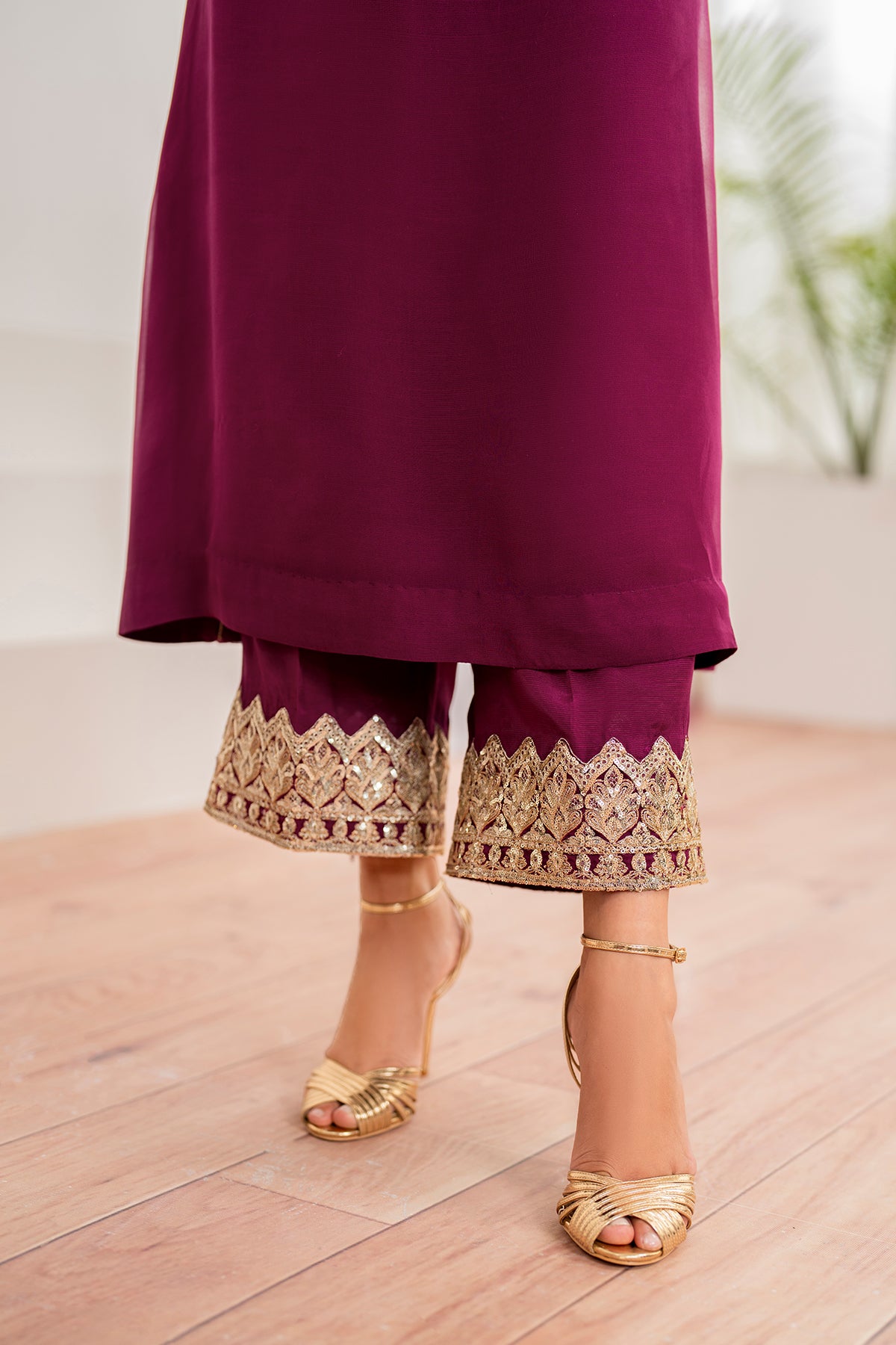 Deep Plum Embroidered Chiffon A-Line Suit (3-Piece) - Image 7