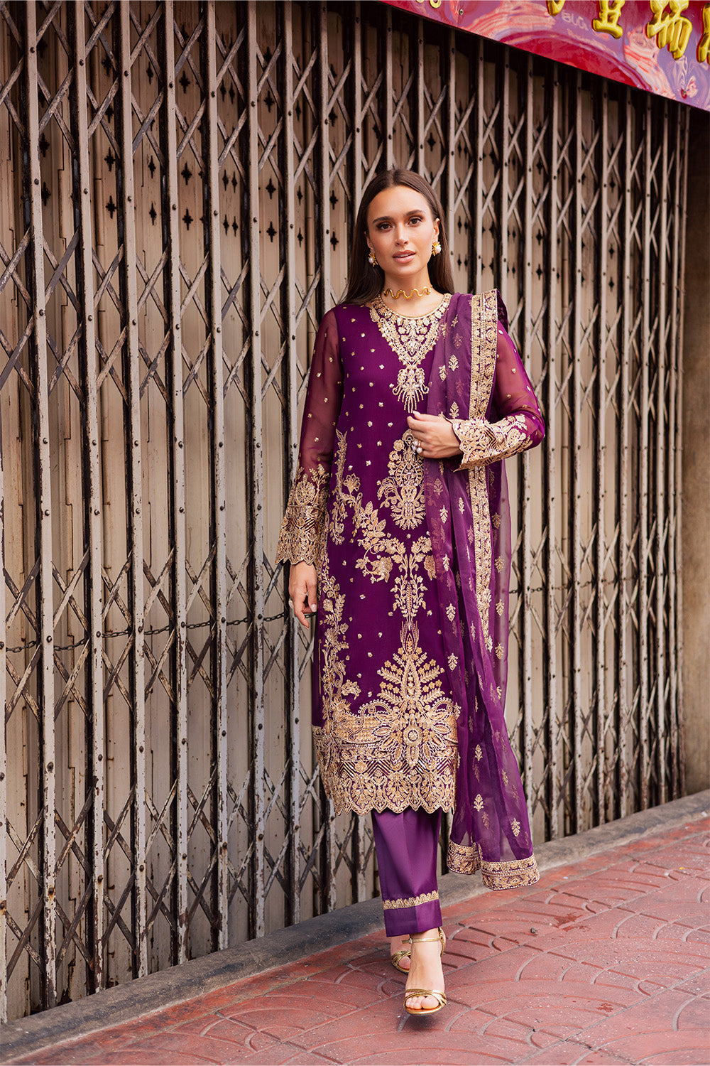 Pakistani Purple Embroidered Chiffon & Organza 3-Piece Suit - Image 1
