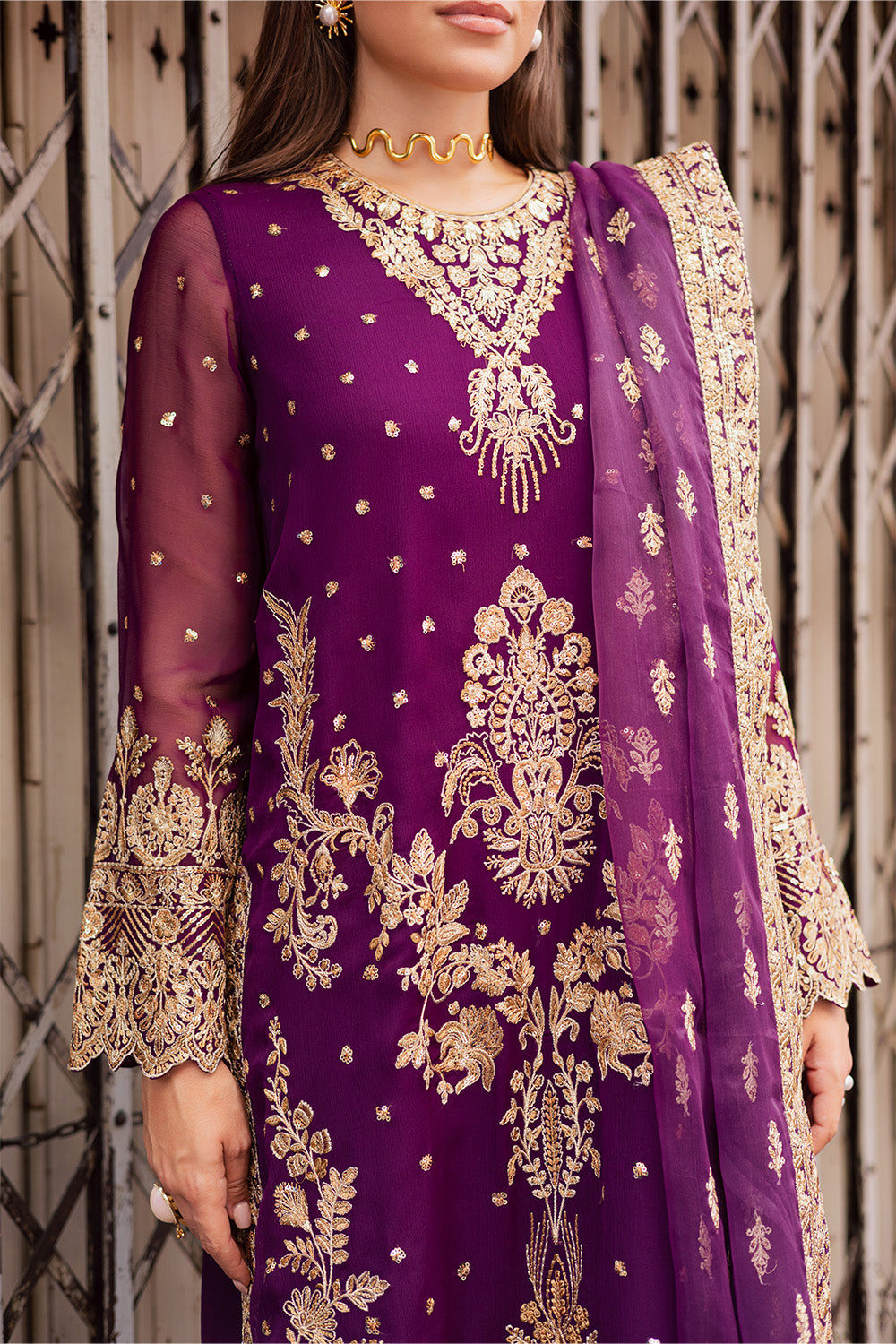 Pakistani Purple Embroidered Chiffon & Organza 3-Piece Suit - Image 2