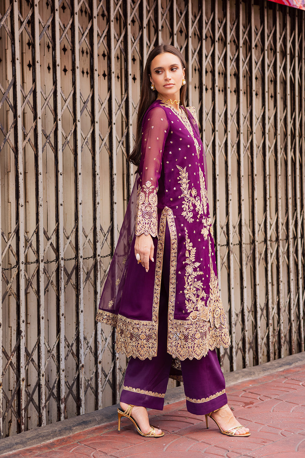 Pakistani Purple Embroidered Chiffon & Organza 3-Piece Suit - Image 3