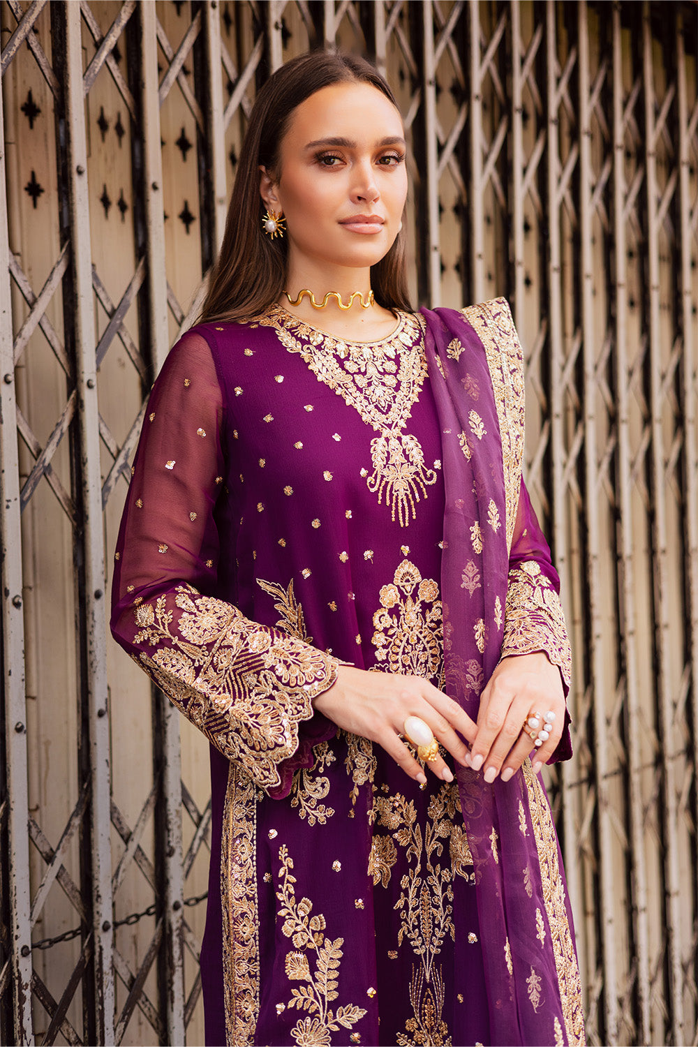 Pakistani Purple Embroidered Chiffon & Organza 3-Piece Suit - Image 4