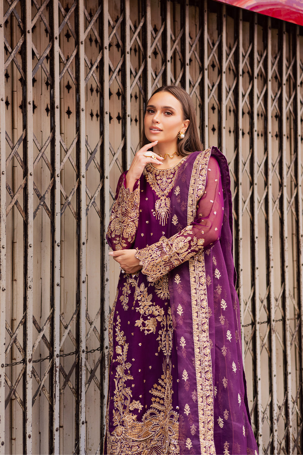 Pakistani Purple Embroidered Chiffon & Organza 3-Piece Suit - Image 5