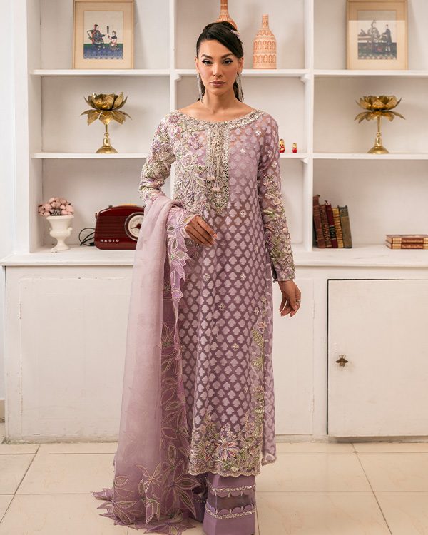 Lilac Resham & Swarovski Embroidered Chiffon Kameez (3-Piece) - Image 1