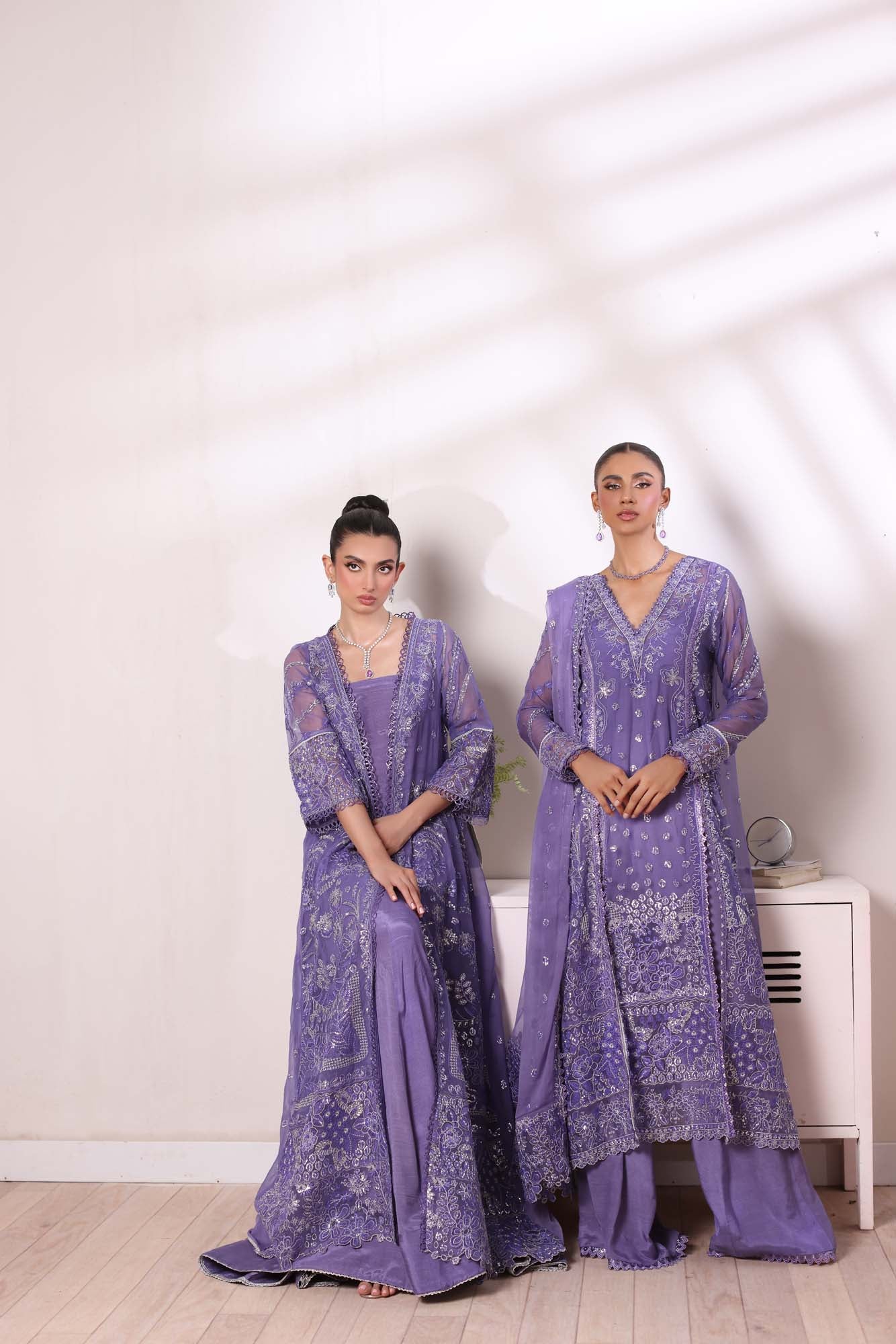 Lavender Sequin Embroidered Chiffon Salwar Kameez (3-Piece) - Image 1