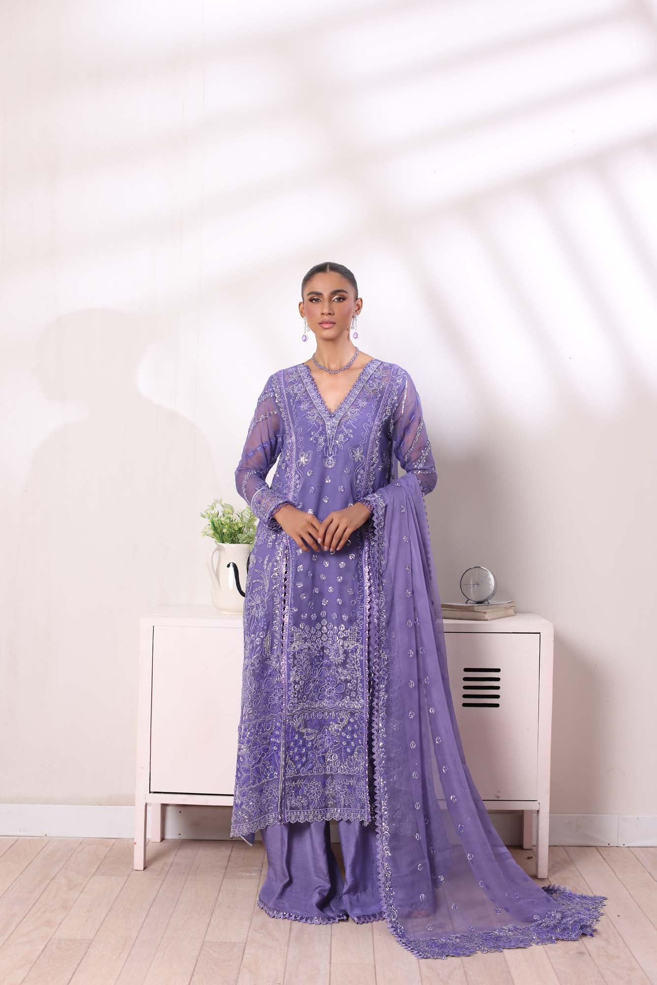 Lavender Sequin Embroidered Chiffon Salwar Kameez (3-Piece) - Image 2