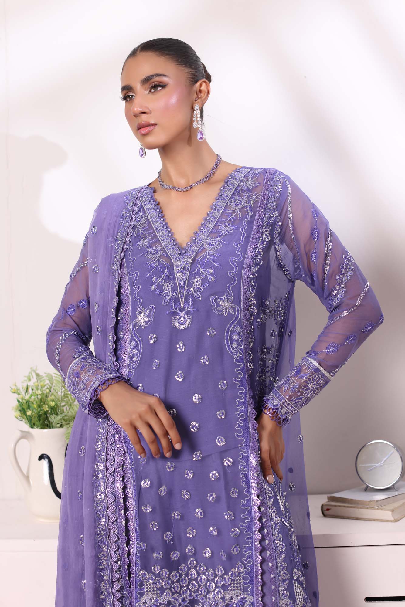 Lavender Sequin Embroidered Chiffon Salwar Kameez (3-Piece) - Image 3