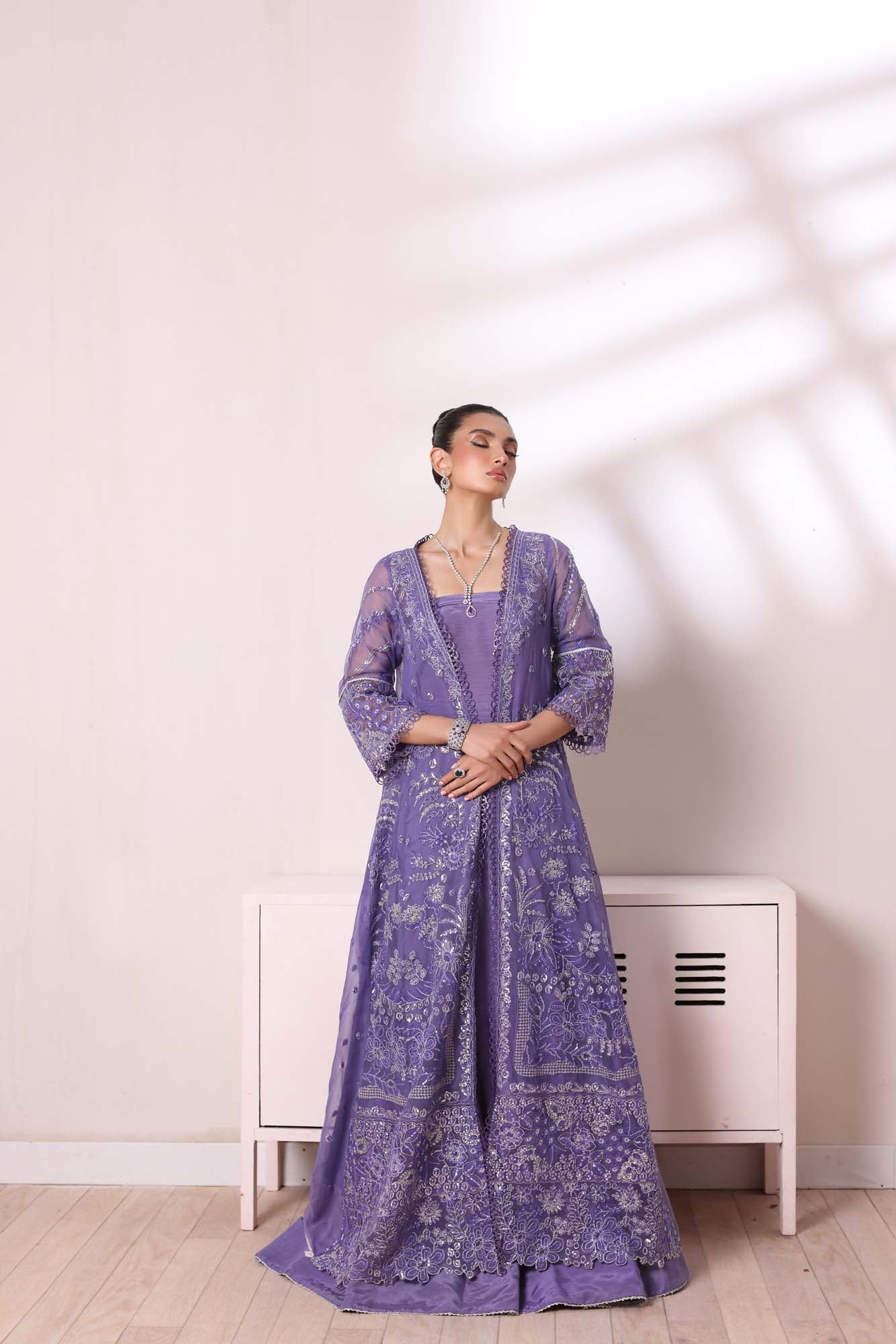 Lavender Sequin Embroidered Chiffon Salwar Kameez (3-Piece) - Image 4